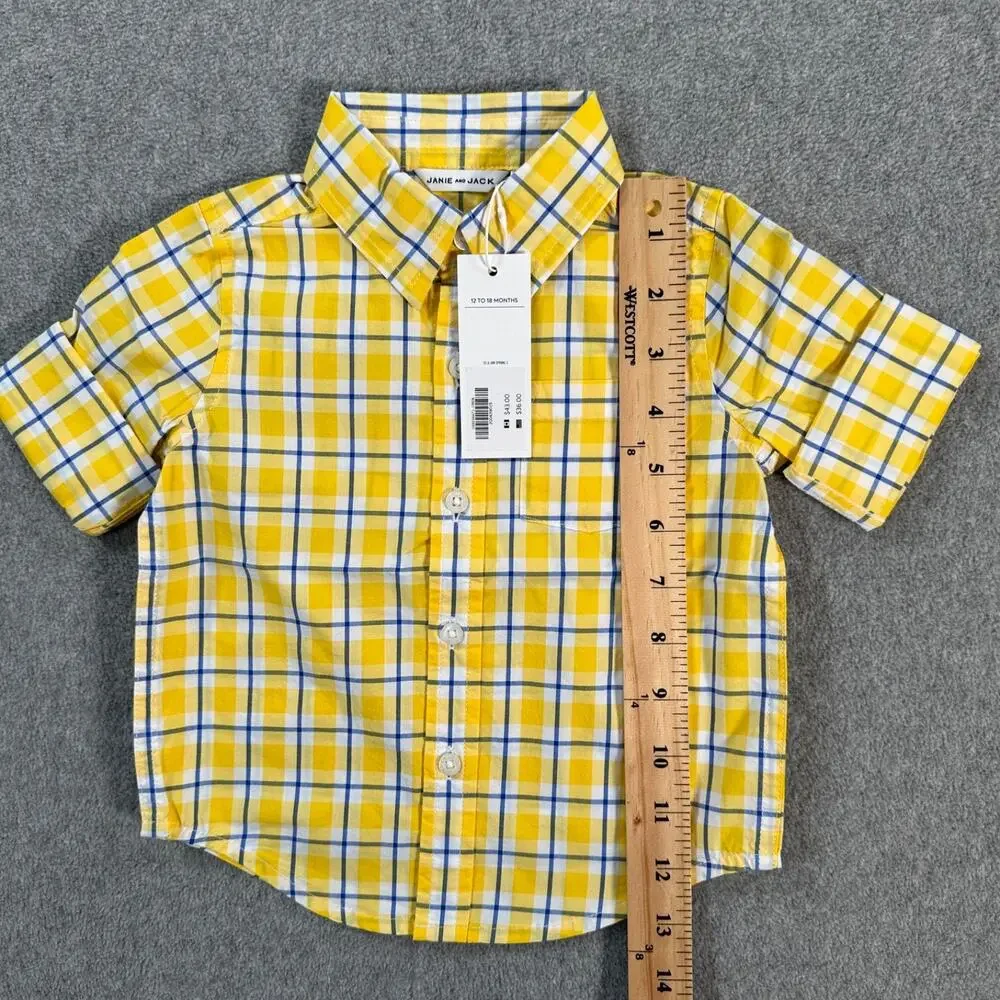 Janie and Jack Baby Boy 12-18 Months Button Down Shirt Yellow Plaid New